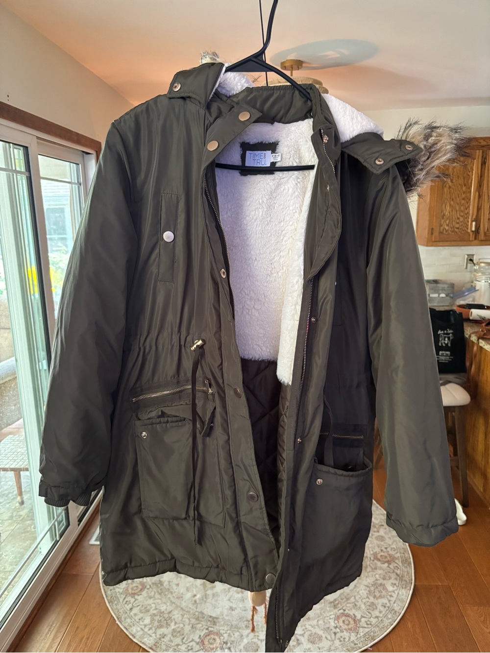 Time and Tru Olive Green Faux-Fur Hooded Puffer Coat